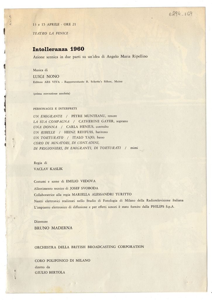 Παραγωγή όπερας “Intoleranza 1960”