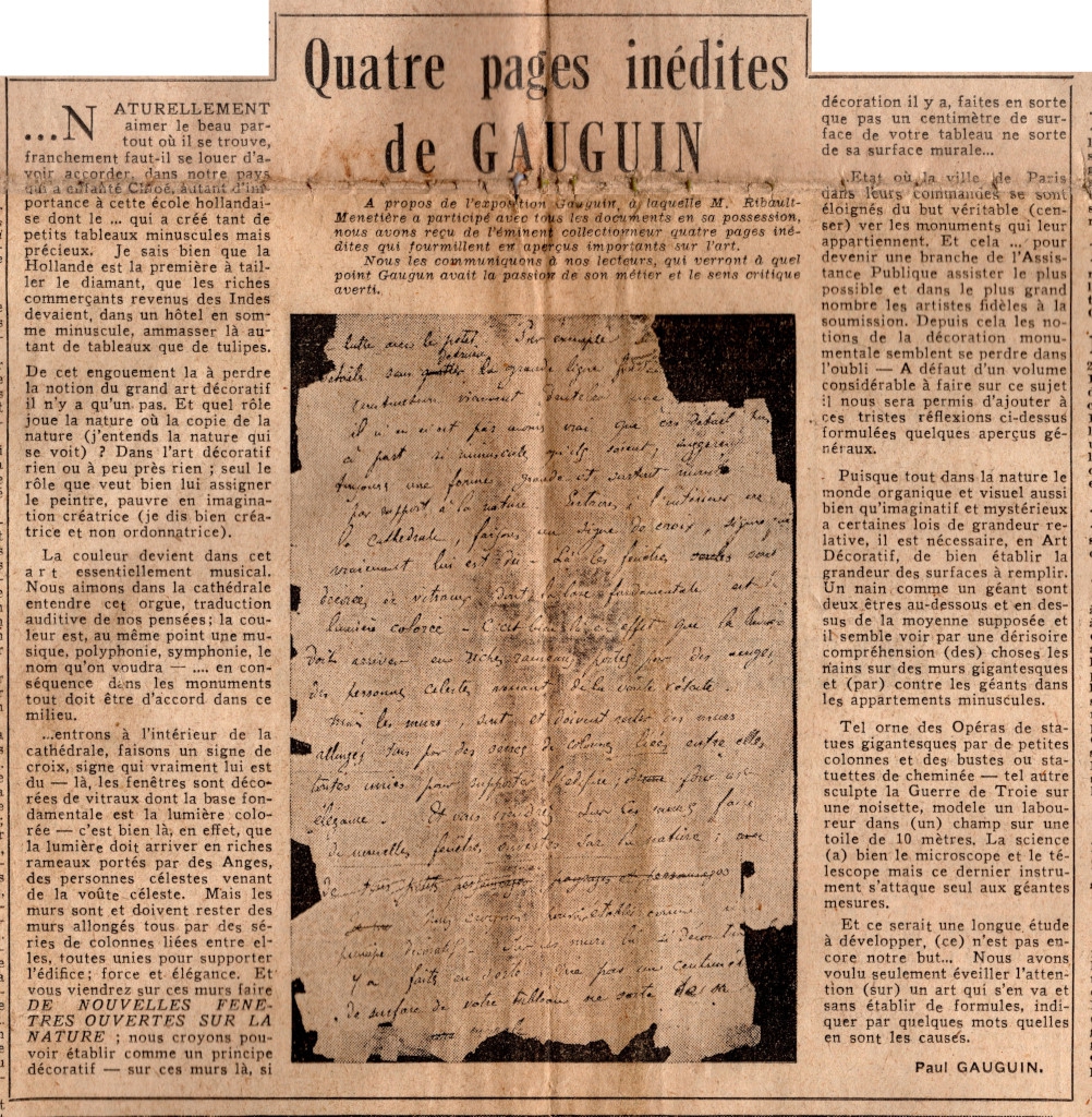 “Le Centenaire de Gauguin : Quatre pages inedites de Gauguin”