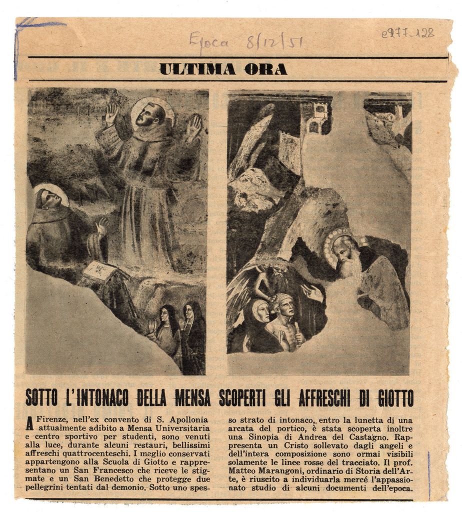 “Sotto l’intonaco della mensa scoperti gli affreschi di Giotto”
