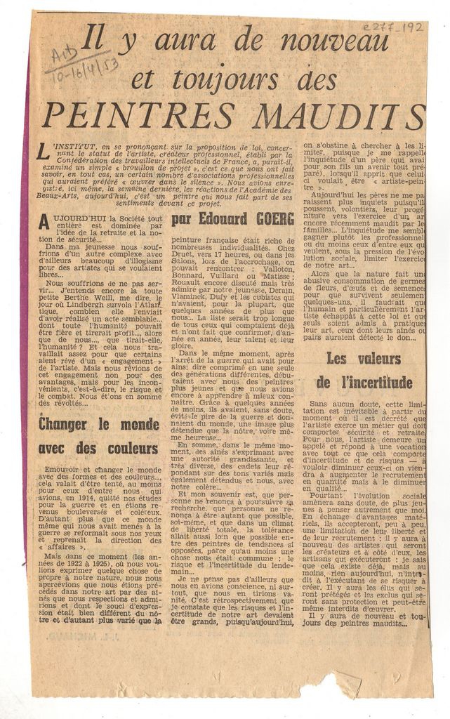“Il y aura de nouveau et toujours des peintres maudits”