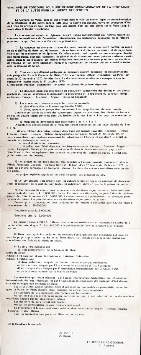“Avis de concours pour une oeuvre commemorative de la resistance et de la lutte pour la liberté des peuples”