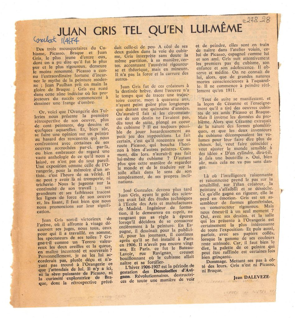 “Juan Gris tel qu’ en lui-même”