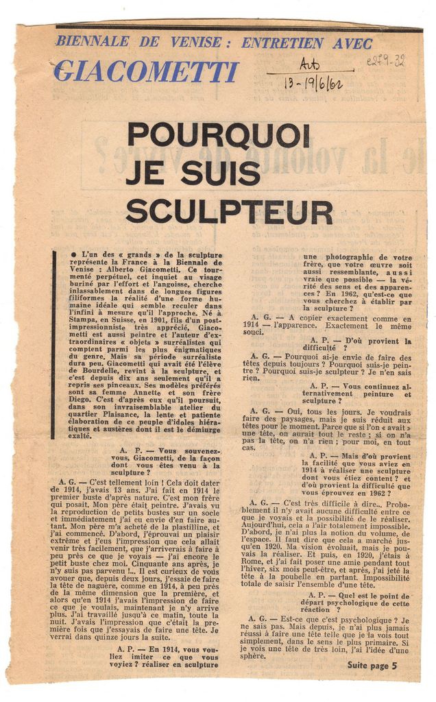 “Biennale de Venise: Entretien avec Giacometti. Pourquoi je suis sculpteur”