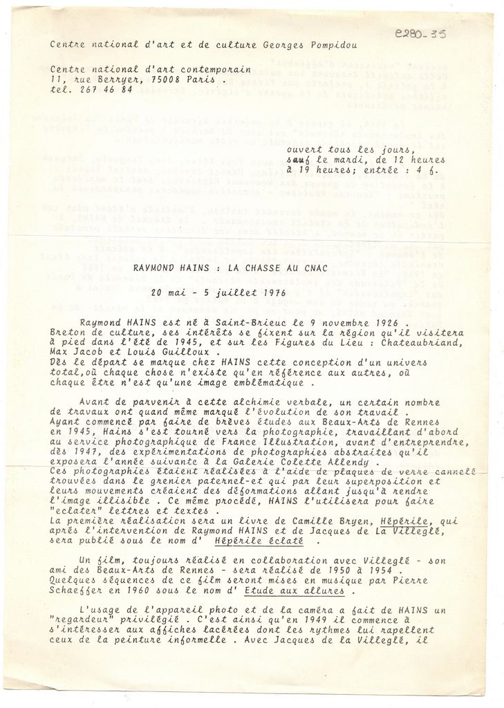 Έκθεση Raymond Hains “La chasse au CNAC”