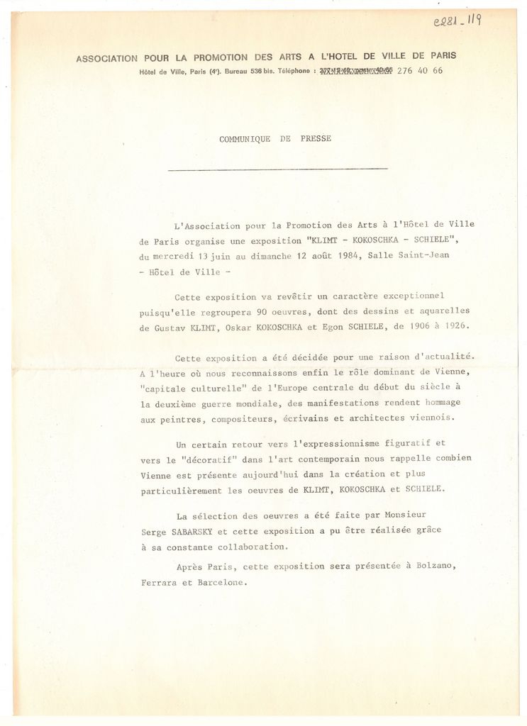 Έκθεση “Dessins et aquarelles de Gustave Klimt, Oscar Kokoschka, Egon Schiele”
