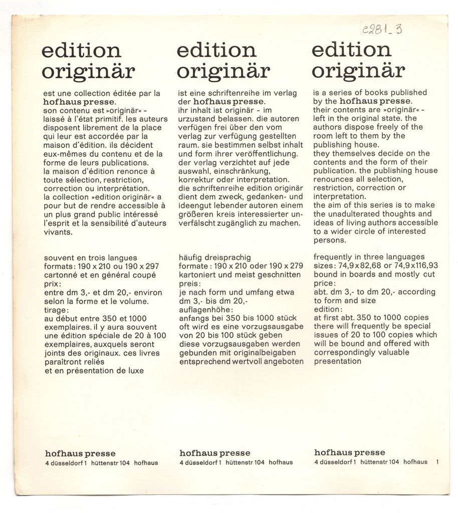 Διαφημιστικό φυλλάδιο για τη σειρά “Edition originär”, Hofhaus presse