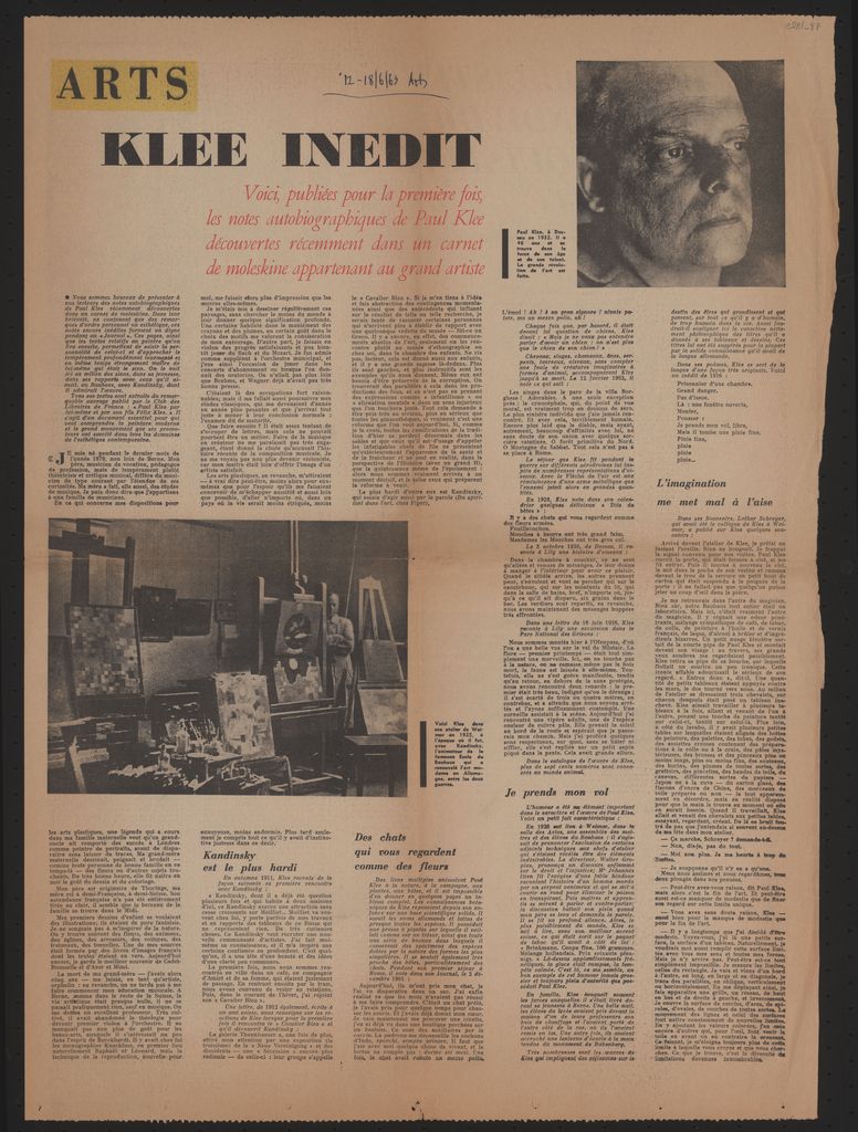 “Klee inédit. Voici, publiées pour la première fois, les notes autobiographiques de Paul Klee”