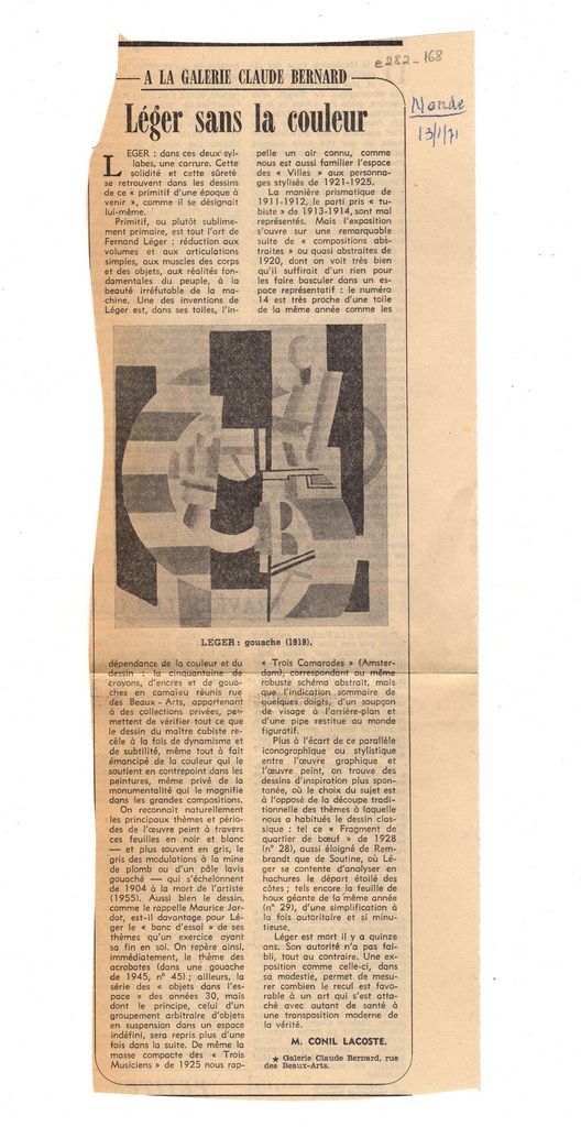 “A la Galerie Claude Bernard Léger sans la couleur”