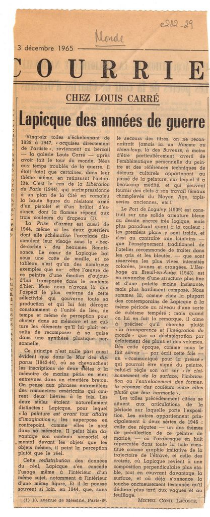 “Chez Louis Carré. Lapicque des années de guerre”