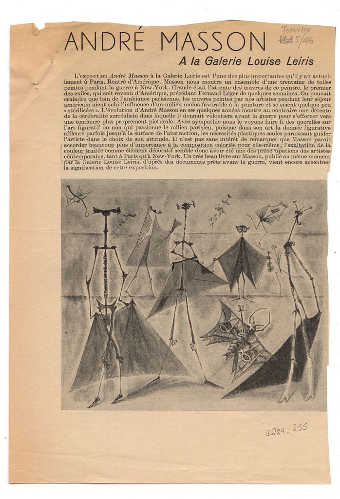 “André  Masson. A la Galerie Louise Leiris”