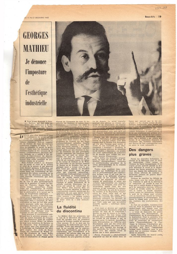 “Georges Mathieu: Je dénonce l’imposture de l’esthétique industrielle”