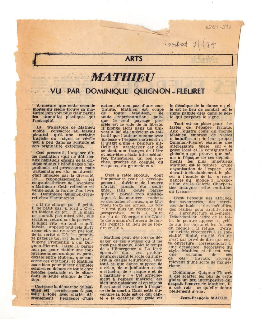 “Mathieu vu par Dominique Quignon-Fleuret, COMBAT, 07/01/1974.