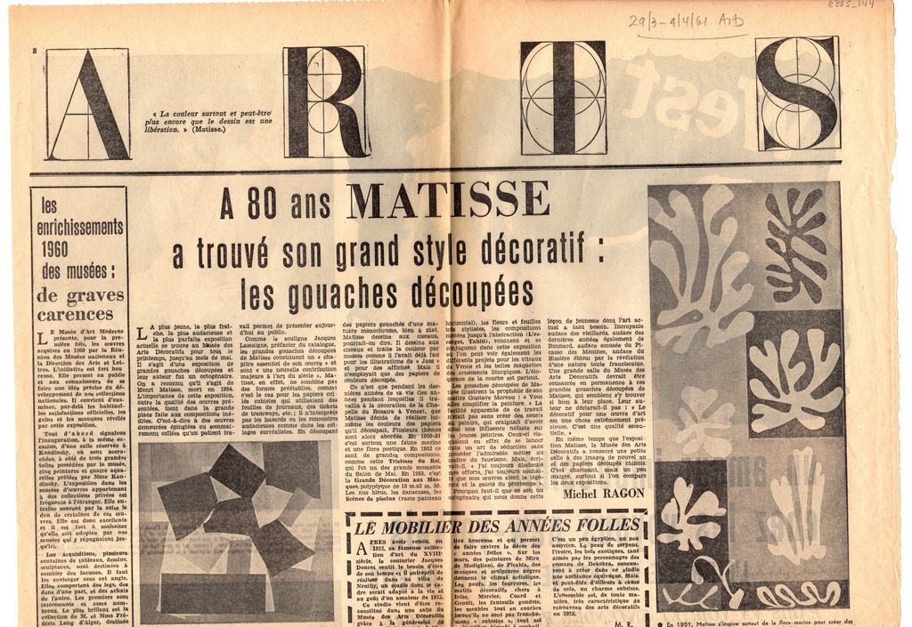 “À 80 ans Matisse a trouvé son grand style décoratif- les gouaches découpées”