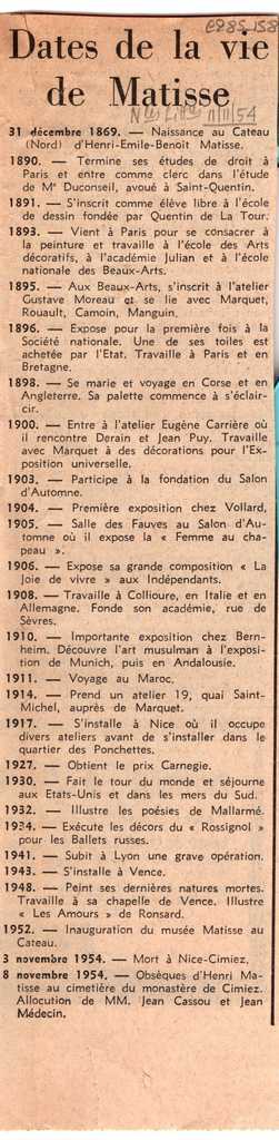“Dates de la vie de Matisse”