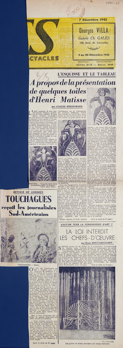 “A propos de la présentation de quelques toiles d’ Henri Matisse”