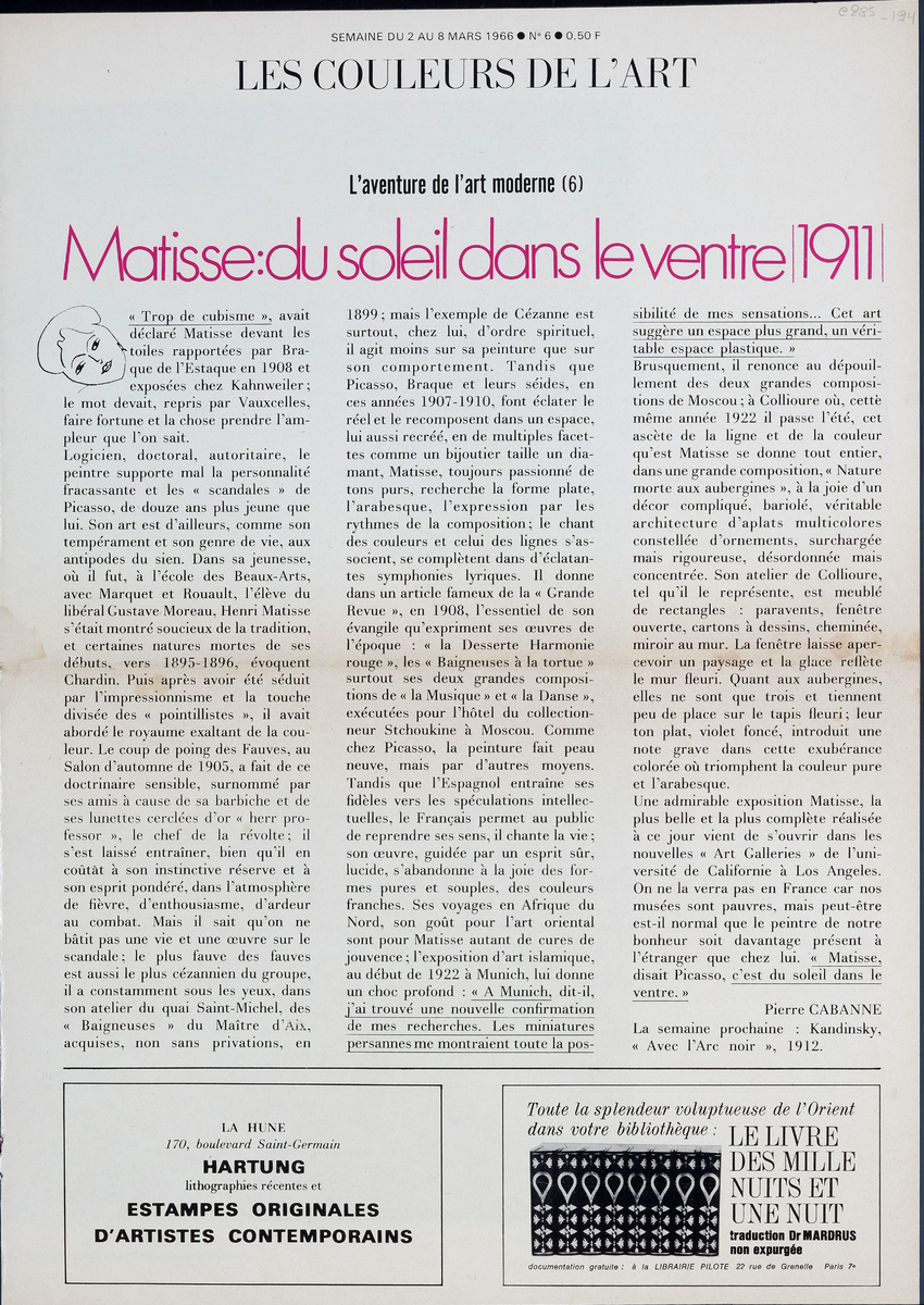“Matisse: du soleil dans le ventre, 1911”