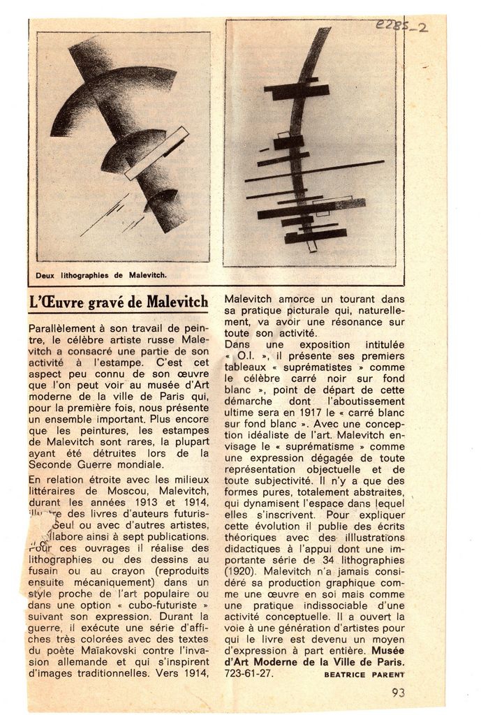 “L’ oeuvre gravé de Malevitch”