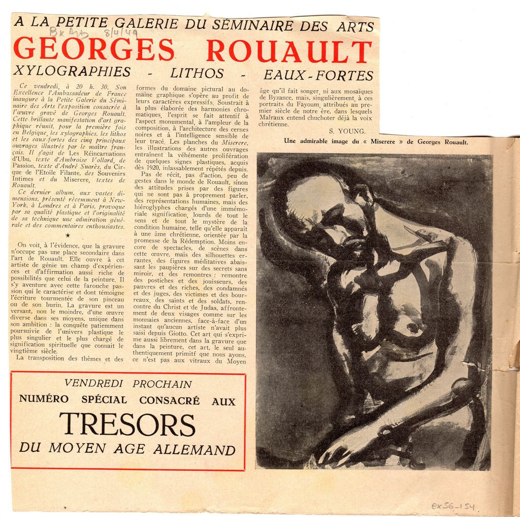 “A la Petite Galerie du Séminaire des Arts. Georges Rouault, Xylographies- Lithos- Eaux fortes”
