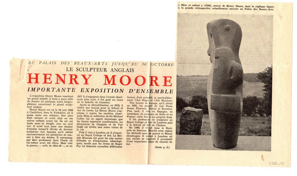 “Au Palais des Beaux-Arts jusqu’ au 30 octobre le sculpteur anglais Henry Moore important exposition d’ ensemble”