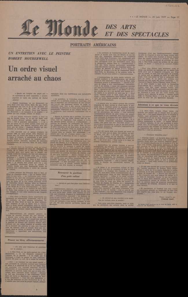 “Un entretien avec le peintre Robert Motherwell. Un ordre visuel arraché au chaos”