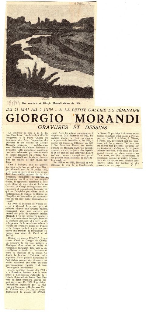“Du 21 mai au 2 juin. À la Petite galerie du Séminaire Giorgio Morandi, gravures et dessins”