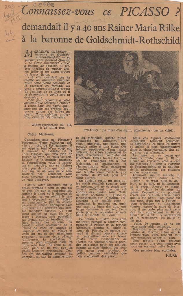 “Connaissez-vous ce Picasso? demandait il y a 40 ans Rainer Maria Rilke à la barrone de Goldschmitdt-Rothschild”