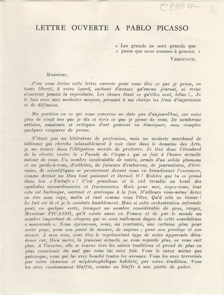 “Lettre ouverte à Pablo Picasso”