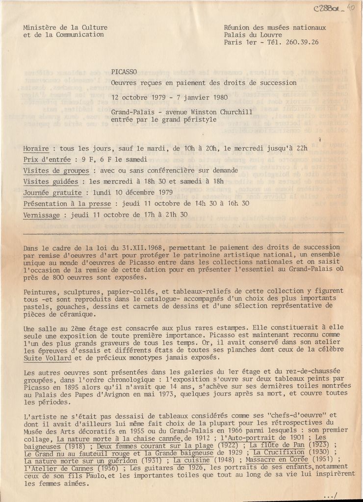 Έκθεση Pablo Picasso “Picasso. Oeuvres reçues en paiement des droits de succession”