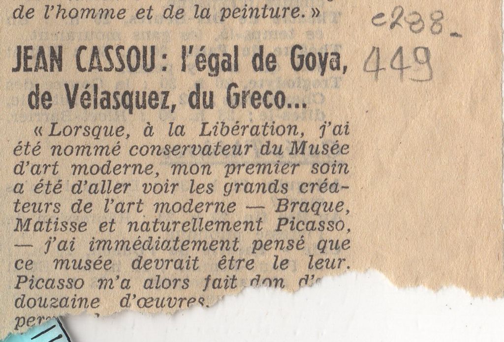 “Jean Cassou: l’ égal de Goya, de Vélasquez, du Greco….”