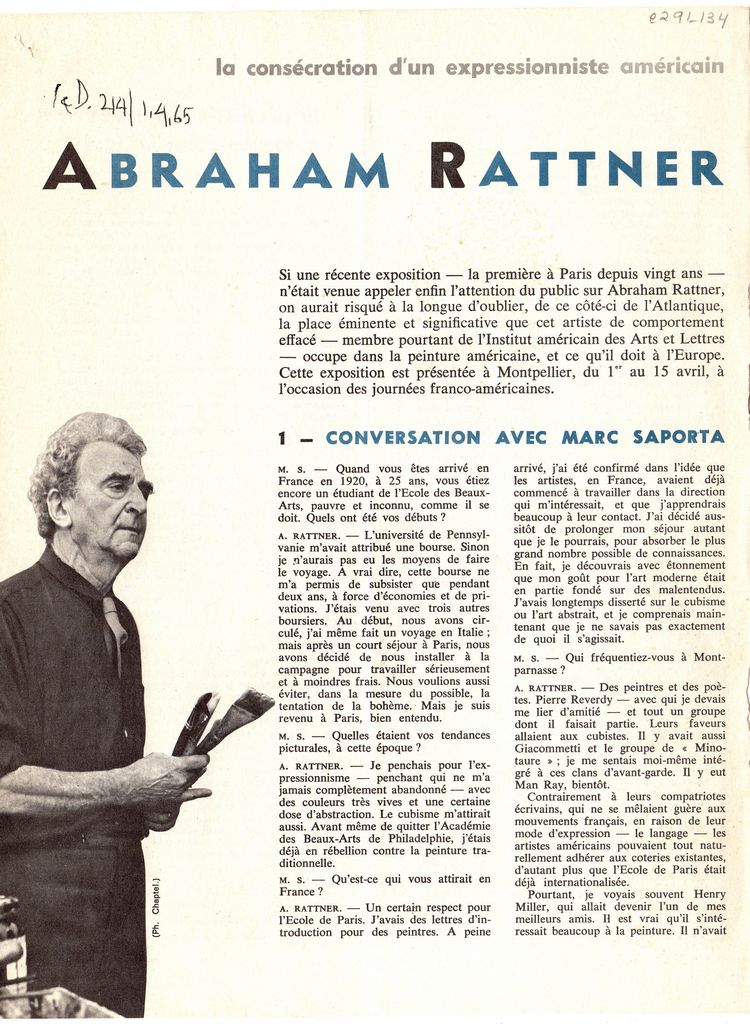 “Abraham Rattner. Conversation avec Marc Saporta”