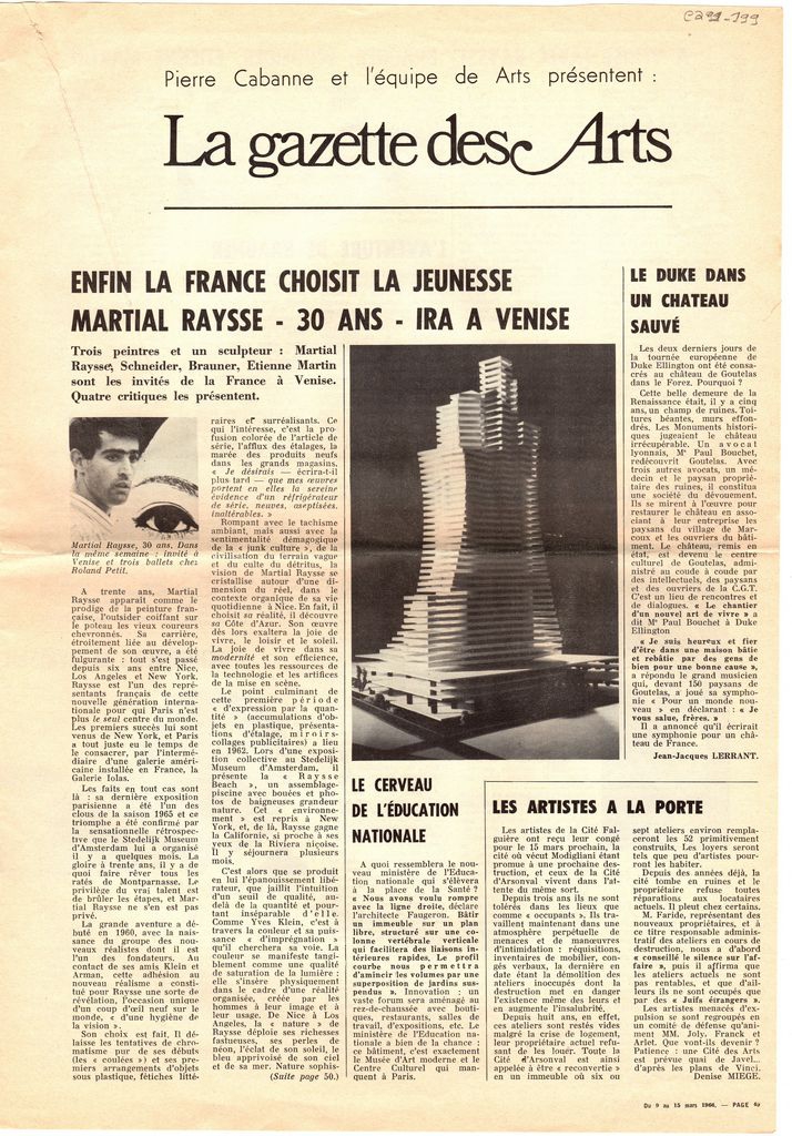 “Enfin la France choisit la jeunesse. Martial Raysse 30 ans ira à Venise”