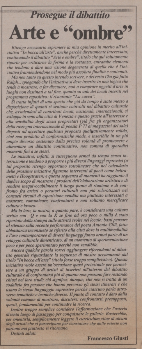 “Prosegue il dibattito Arte e ‘ombre'”