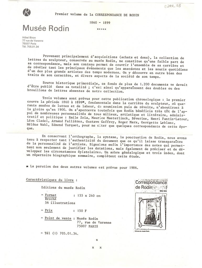 “La Correspondance de Rodin, 1860-1899”