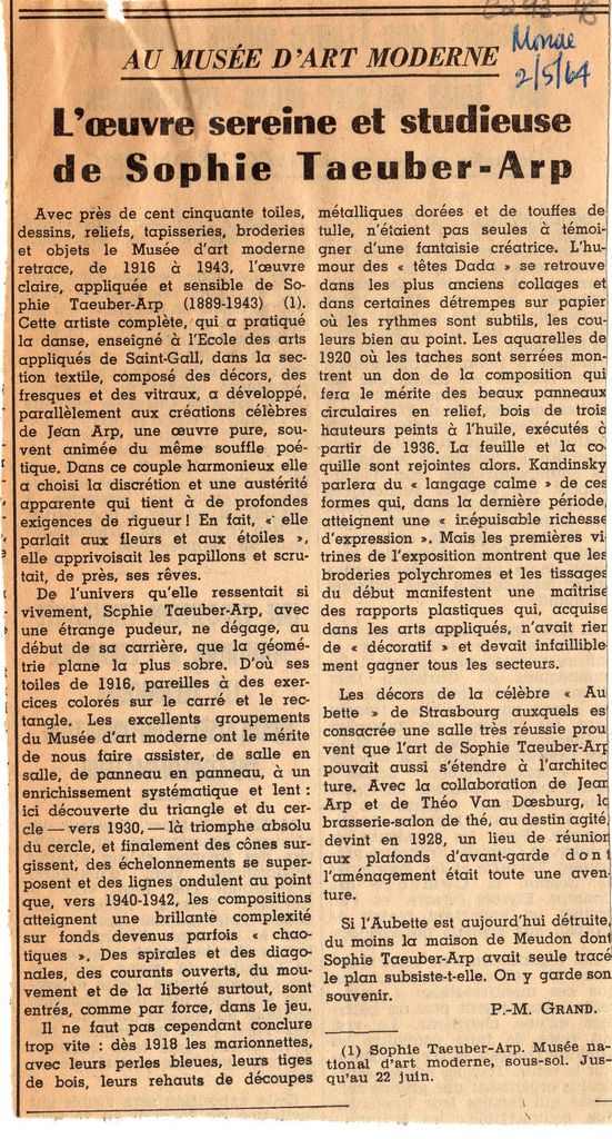 “L’ oeuvre sereine et studieuse de Sophie Taeuber-Arp”