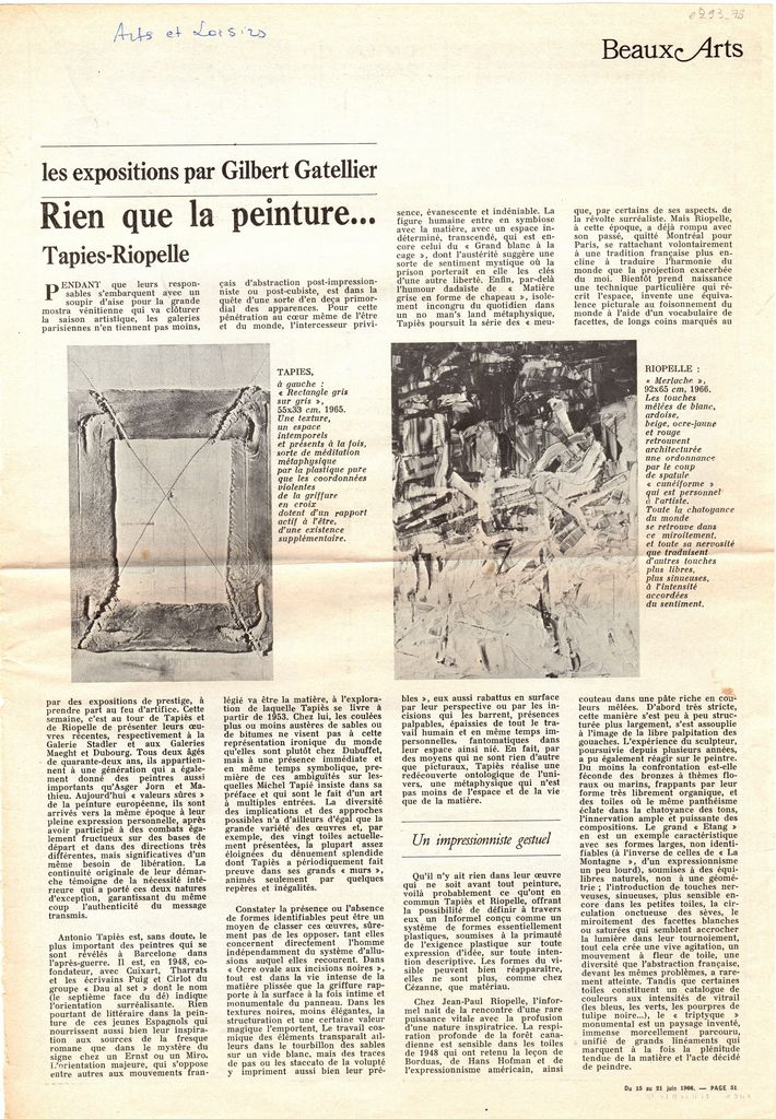 “Rien que la peinture… Tapies- Riopelle”