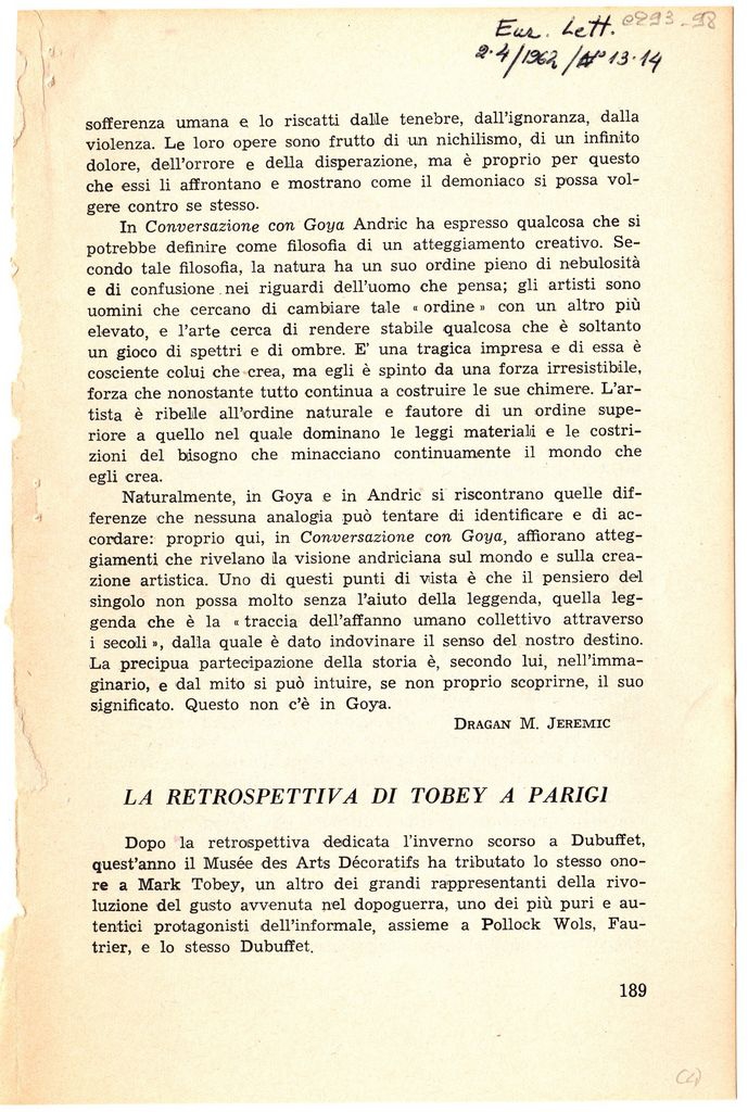 “La retrospettiva di Tobey a Parigi”