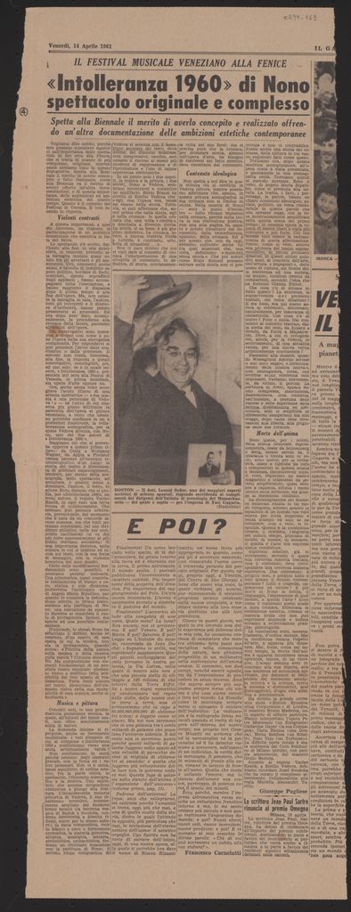 “Il festival musicale veneziano alla Fenice. Introlleranza 1960 di Nono spettacolo originale e complesso”