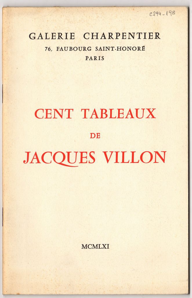 Έντυπο έκθεσης, Cent tableaux de Jacques Villon, Galerie Charpentier, Paris, 1965.