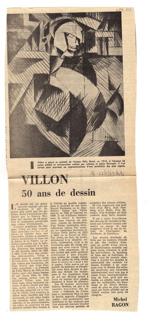 Michel Ragon, Villon 50 ans de dessin, ARTS, 16-22/01/1963.