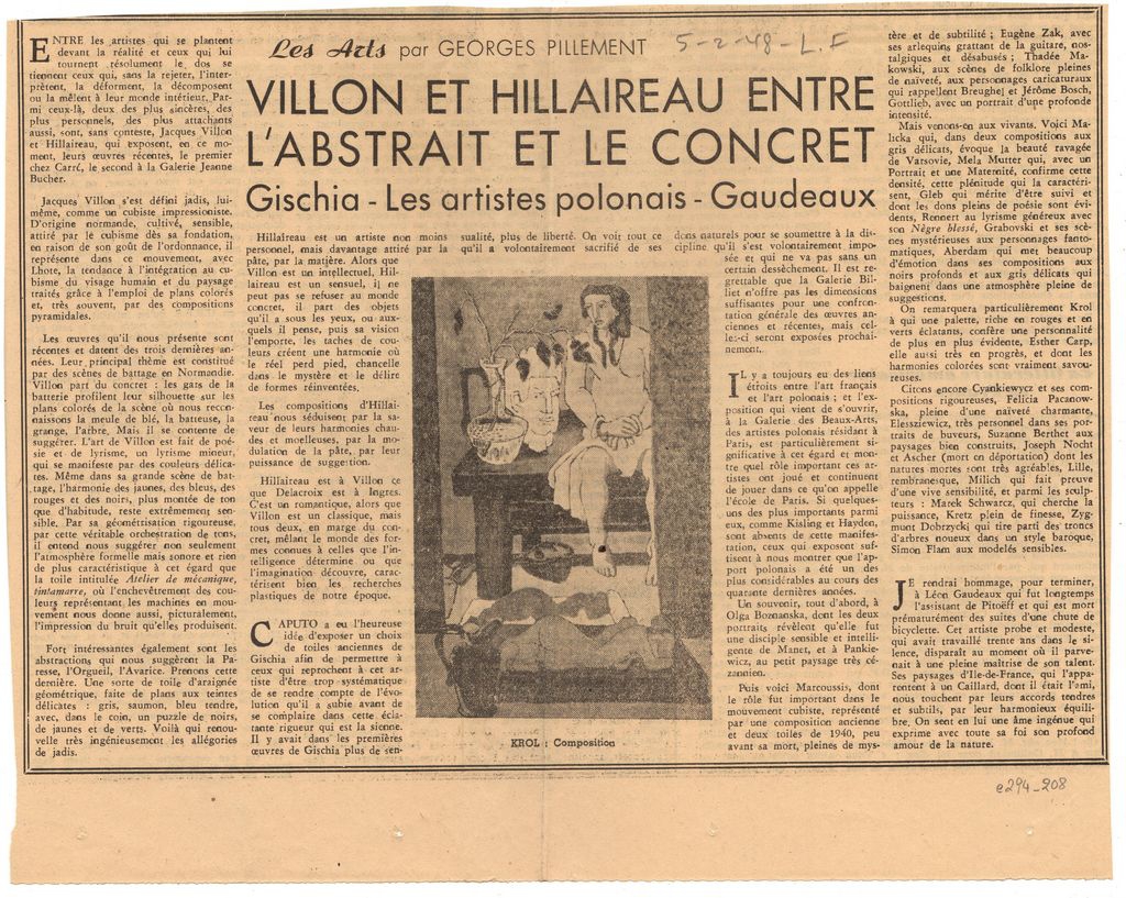 “Villon et Hillaireau entre l’abstrait et le concret. Gischia – Les artistes polonais – Gaudeaux”