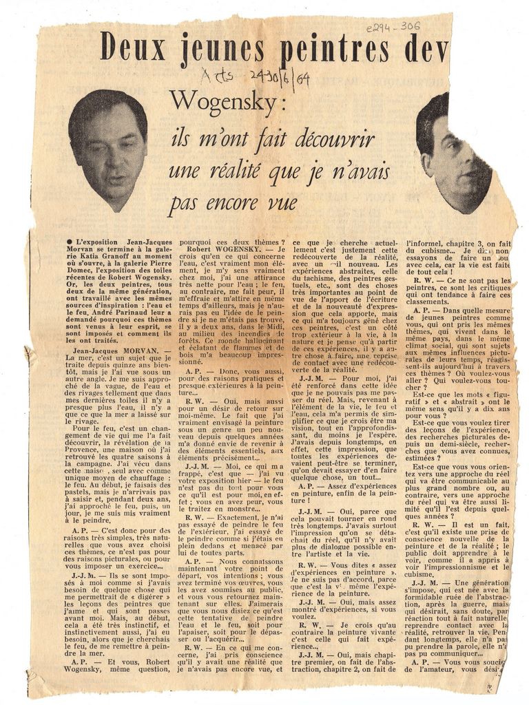 “Deus jeunes peintres dev[…] Wogensky: ils m’ont fait découvrir une réalité que je n’avais pas encore vue”