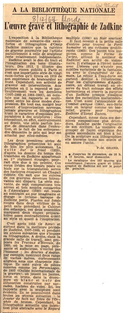 “L’ oeuvre gravè et lithographiè de Zadkine”