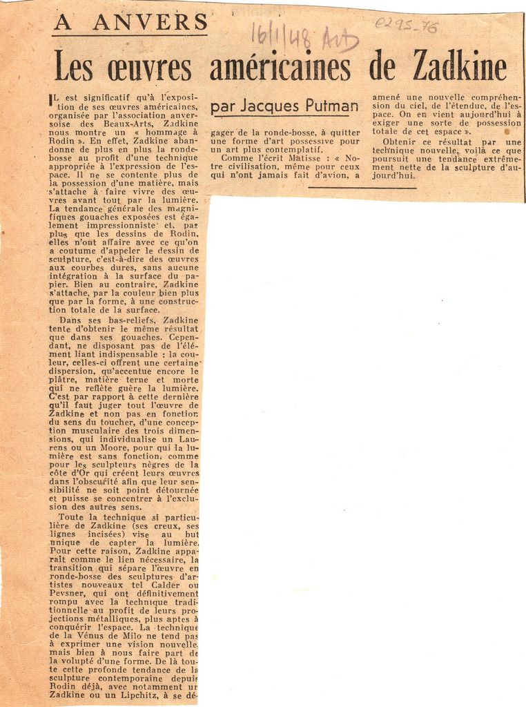 “Les oeuvres américaines de Zadkine”