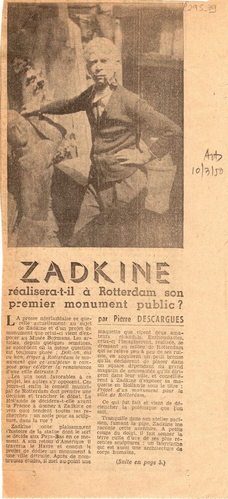 “Zadkine réalisera-t- il à Rotterdam son premier monument public?”