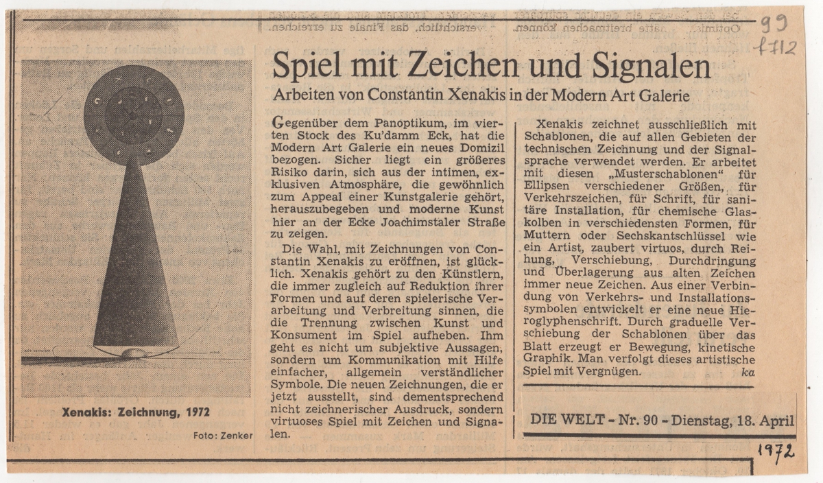 “Spiel mit Zeichen un Signalen. Arbeiten von Constantin Xenakis in der Modern Art Galerie”