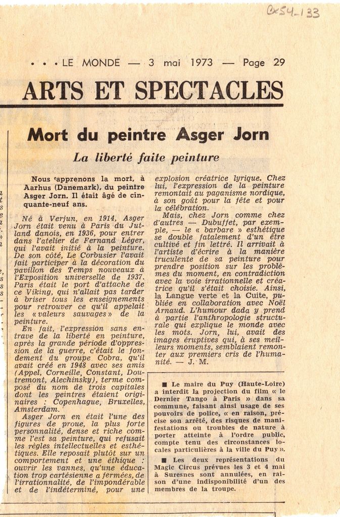 “Mort du peintre Asger Jorn”