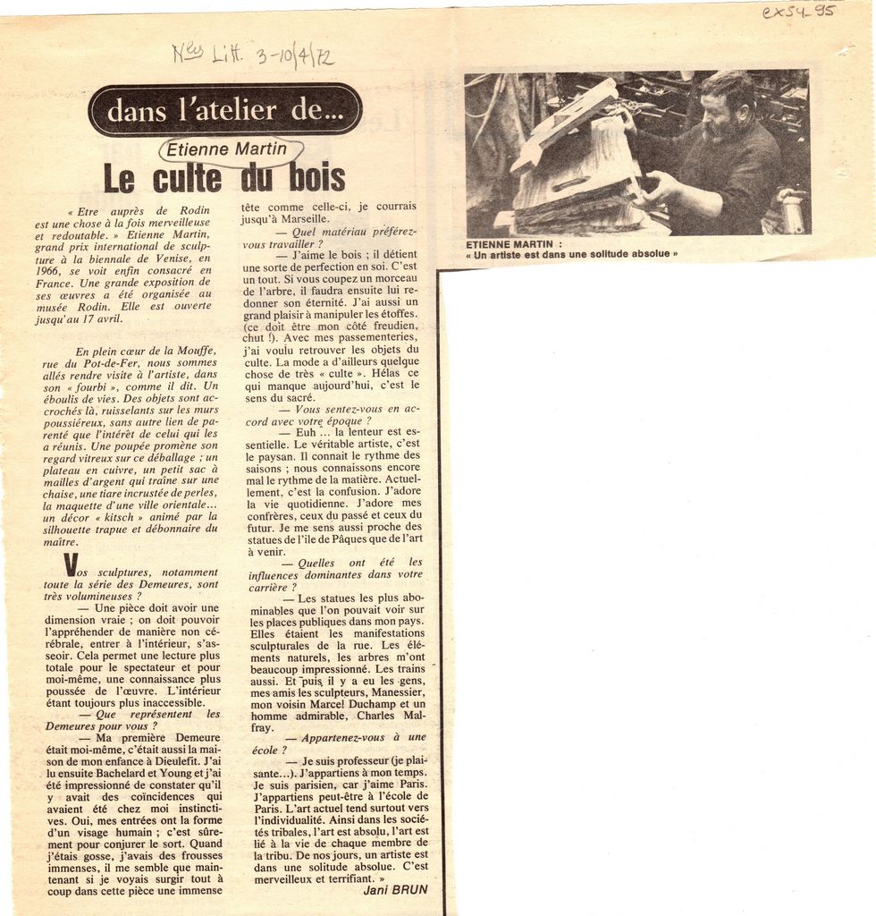 “Dans l’ atelier d’ Etienne-Martin. La culte du bois”