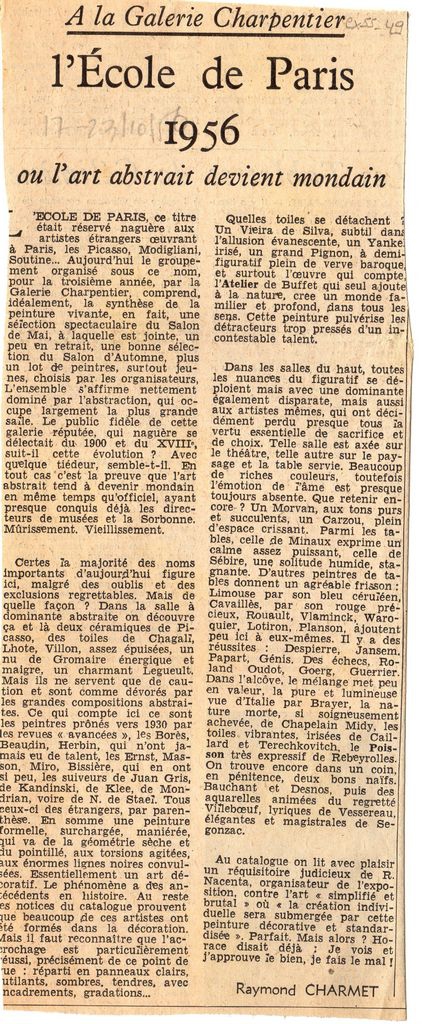 “A la Galerie Charpentier l’ École de Paris 1956 ou l’ art abstrait devient mondain”