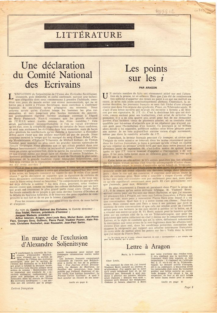 “Une déclaration du Comité National des Ecrivains. En marge de l’ exclusion d’ Alexandre Solkenitsyne”