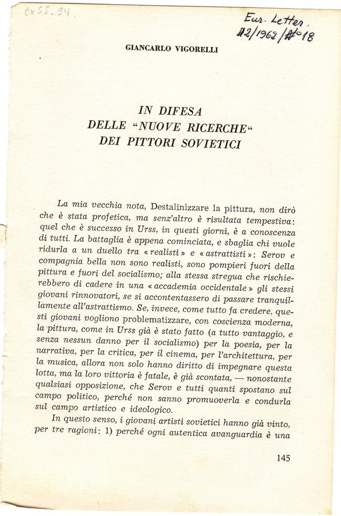“In difesa delle ‘nuove ricerche’ dei pittori sovietici”